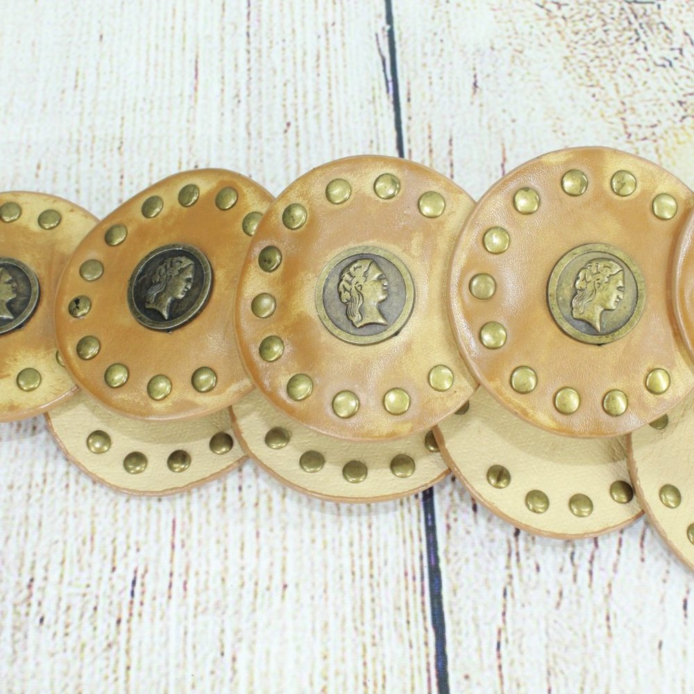 Classic Brown Leather Coin Studded Embellished Boho Morrocan Belt Size M/L - Picture 6 of 8